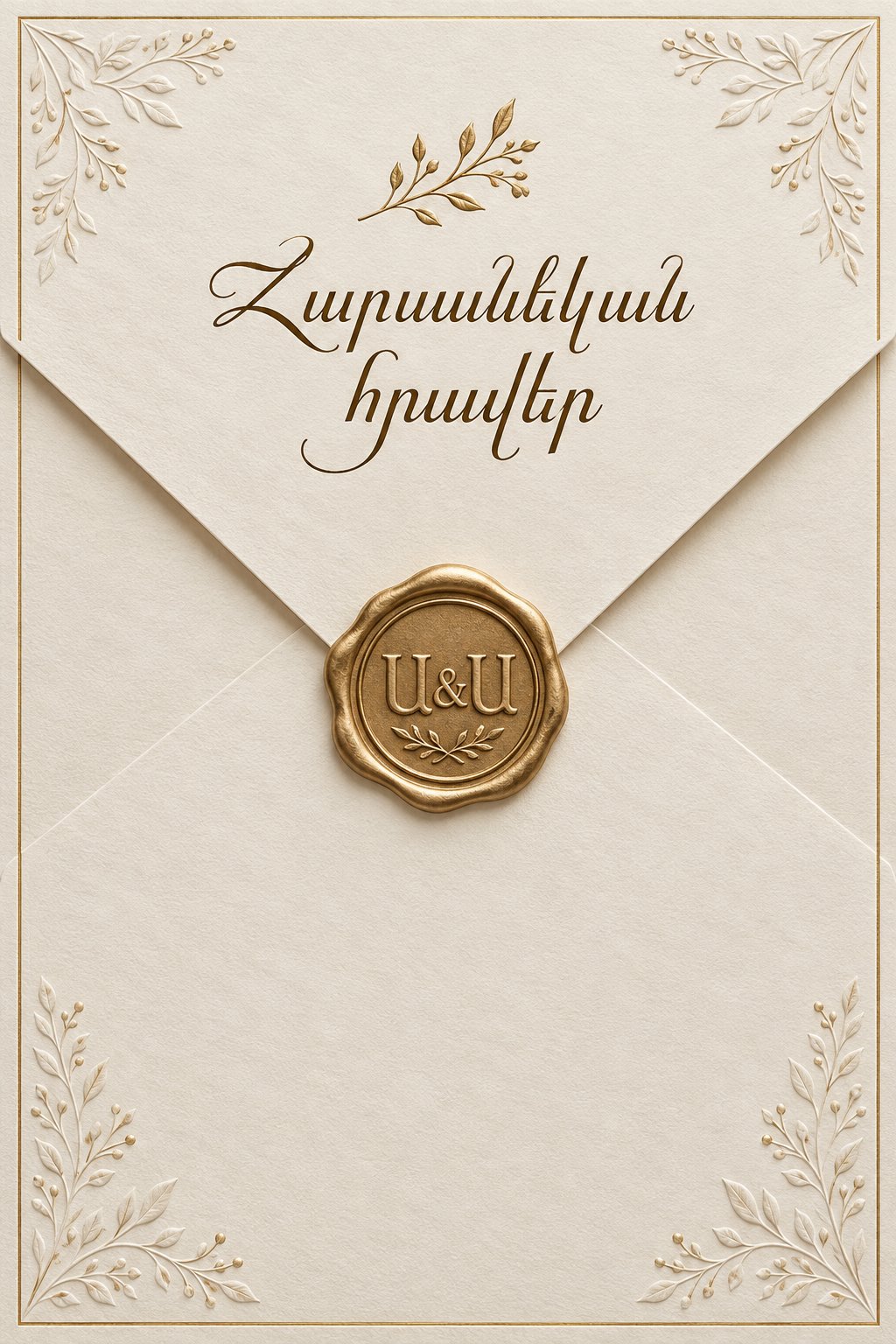 Փղոսկրագույն հարսանեկան ծրար՝ ոսկեգույն կնիքով և Ա ու Ա սկզբնատառերով